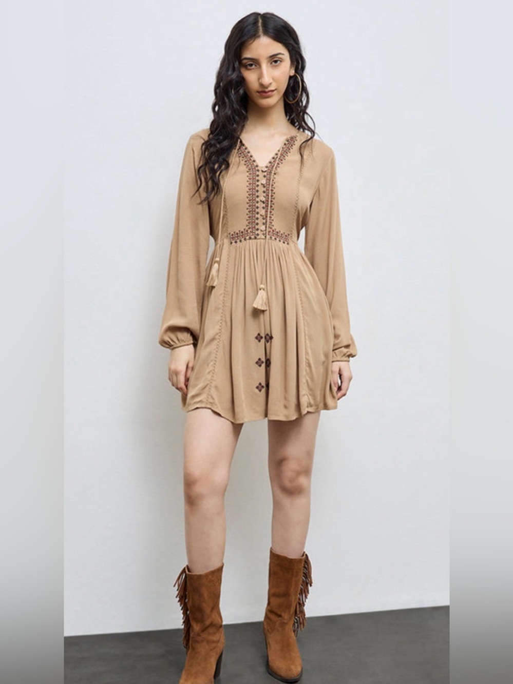 NWT [Bombay Paisley] Boho Embroidered Tassel A-Line Dress in Brown Women’s XL - Picture 3 of 13
